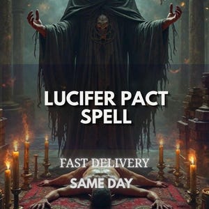 Peut inclure: Une silhouette sombre et encapuchonnée se tient derrière une personne allongée sur un tapis rouge. Plusieurs bougies allumées entourent la scène. Le texte indique LUCIFER PACT SPELL, FAST DELIVERY, SAME DAY. La robe porte un emblème circulaire.