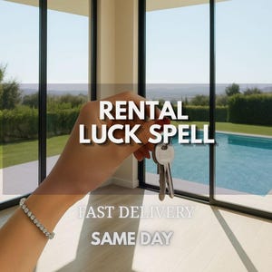 May include: A silver-coloured metal key ring with two keys held up against a background of a swimming pool and patio. The text RENTAL LUCK SPELL, FAST DELIVERY, and SAME DAY is overlaid on the image. A silver-coloured tennis bracelet is worn on the wrist.