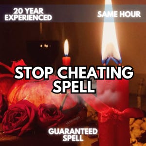 May include: Two red candles with lit flames, one wrapped in a red ribbon, positioned next to red roses and a pomegranate. Text overlays read 20 YEAR EXPERIENCED, SAME HOUR, STOP CHEATING SPELL, and GUARANTEED SPELL in white capital letters.