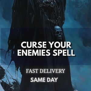 Może przedstawiać: Mroczna, zakapturzona postać w czarnych szatach z wyraźnym wisiorkiem w kształcie czaszki na łańcuszku. Obraz zawiera tekst CURSE YOUR ENEMIES SPELL, FAST DELIVERY oraz SAME DAY na nastrojowym, ciemnoniebieskim i czarnym tle.