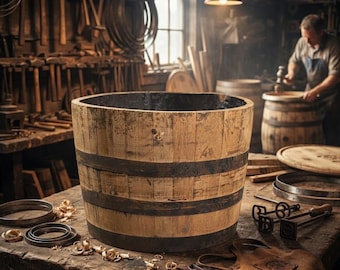 Half Whiskey Barrel Planter – Rustic Wooden Garden Tub for Outdoor & Patio Decor
