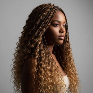 Puede incluir: Un peinado largo y ondulado que presenta una combinación de trenzas apretadas de color marrón oscuro en la coronilla que se transforman en rizos voluminosos y sueltos de color marrón dorado. La textura es multidimensional con tonos marrones.