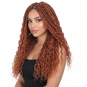 May include: A long, copper-coloured wig featuring a combination of tight, thin braids at the roots that transition into loose, flowing curls at the ends. The hair is parted in the centre, framing the face with voluminous, textured strands.