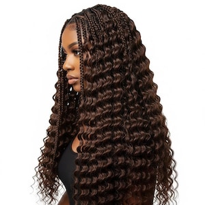 May include: A dark brown wig featuring a combination of small, tight braids at the crown and long, voluminous, deep wavy hair extensions that cascade down the shoulders. The hair has a consistent dark brown tone throughout the entire style.