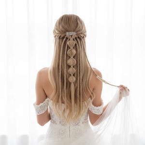 Puede incluir: Un peinado rubio largo con una trenza de burbujas central, dos trenzas laterales y una pinza transparente en la coronilla. El cabello está semirecogido con ondas sueltas que caen por la espalda, combinado con un vestido de encaje blanco.