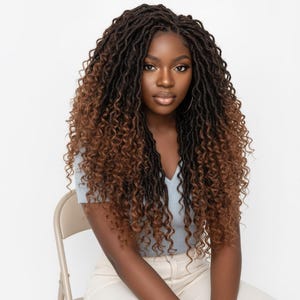 May include: Long, dark brown to light brown ombre faux locs hairstyle with tight, curly ends. The hair features a textured, coiled appearance that transitions from a deep dark brown at the roots to a warm, lighter brown tone toward the ends.