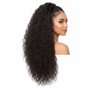 May include: A long, dark brown ponytail hair extension featuring a voluminous, wavy texture. The hair is styled in a high, sleek ponytail at the crown, cascading down the back with defined, loose curls and a natural-looking hairline.