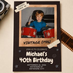 May include: A black rectangular birthday invitation card featuring a vintage-style photo of a child playing red drums with white stars. The text reads: CLASSIC SINCE '86, VINTAGE (1986), JOIN US TO CELEBRATE Michael's 40th Birthday, SEPTEMBER 26, 2026.