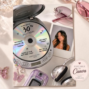 May include: A 5x7 birthday invitation template featuring a portable CD player with a holographic disc printed with 30th birthday details, a polaroid photo of a person, pink butterfly sunglasses, a purple flip phone, and silver headphones.