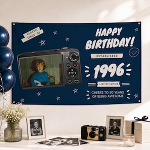 Può includere: Uno striscione rettangolare blu scuro con il testo HAPPY BIRTHDAY, ESTABLISHED 1996, LIMITED EDITION e CHEERS TO 30 YEARS OF BEING AWESOME. Mostra una grafica di fotocamera digitale con la foto di un bambino e icone a stella bianche.