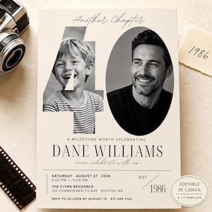 May include: A 5x7 invitation template featuring the text Another Chapter and the number 40, incorporating two black and white photos of a child and an adult. The card includes the name Dane Williams, event details for August 27, 2026, and the year 1986.
