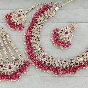 Semi Bridal Polki Kundan Necklace Set, Ruby Earrings, Passa Tikka (Wedding Jewelry)