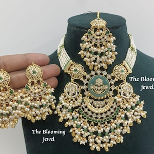 Gold Plated Kundan Style Necklace Set, Green Stone Pearl Statement Jewelry