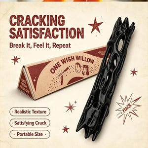 May include: A black, cylindrical, hollow object with an irregular, porous surface texture, positioned next to a triangular cardboard box labeled "ONE WISH WILLOW" with illustrations of two faces and the text "CRACKING SATISFACTION, Break It, Feel It, Repeat".