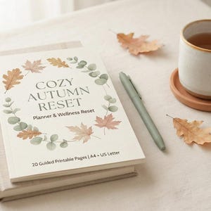 Könnte beinhalten: Ein Planer mit dem Titel Cozy Autumn Reset Planner & Wellness Reset mit 20 geführten druckbaren Seiten in A4 und US Letter. Das Cover zeigt einen Aquarellkranz aus Herbstblättern und Eukalyptuszweigen, dazu ein Stift und eine Tasse.