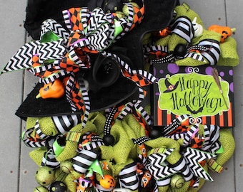 Happy Halloween Green Witches Hat Wreath