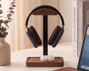Supporto per cuffie in legno di noce con vassoio portaoggetti, porta cuffie minimalista, organizer da scrivania in legno, decorazione per casa e ufficio, regalo per lui