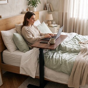 Adjustable Overbed Table with Wheels, Rolling Laptop Desk, Mobile Standing Desk, Bedside Sofa Side Table, Portable Work From Bed Desk