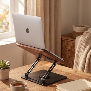 Könnte beinhalten: Ein silberner Laptop mit Apple-Logo steht auf einem verstellbaren Ständer aus dunklem Holz und schwarzem Metall. Der Ständer verfügt über eine flache quadratische Basis, zwei bewegliche Stützarme mit sichtbaren silbernen Schrauben und eine Holzauflage.