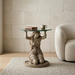 May include: A side table featuring a circular glass top supported by a beige, sculpted base depicting a kneeling figure with long hair and draped clothing. A brown book and a small ceramic mug are placed on the glass surface of the table.