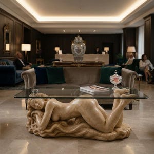 May include: A coffee table featuring a rectangular glass top supported by a sculptural base depicting a reclining figure in a light beige stone finish. The figure rests on a textured, wave-like base, providing a stable foundation for the glass surface.