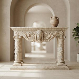 May include: A beige stone console table featuring two cylindrical columns carved with celestial motifs and a central frieze depicting a veiled face surrounded by swirling patterns. A small, matching terracotta-colored amphora sits on top.