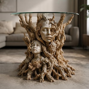 May include: A round glass-topped table featuring a base sculpted from light brown wood-like material. The base depicts the faces of two individuals integrated into a complex network of gnarled tree roots and branches, creating a textured structure.