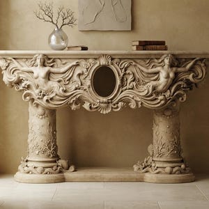 Siren’s Reflection Sculptural Console Table, Mirror-Ready Mythological Entryway Furniture