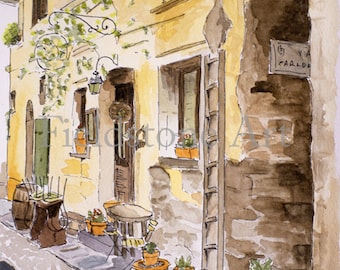 watercolour 5x7 art print Italy cafe Orta San Giulio Italian lake district