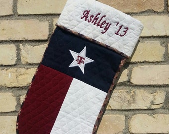 Handmade Texas A&M Aggie Flag Christmas Stocking with Name and Class Year Embroidered.