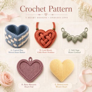 May include: A crochet pattern document titled Crochet Pattern 5 Heart Designs Endless Love featuring five items: a blue and white woven heart basket, a coral Celtic heart necklace, a sage green heart garland, a rose heart pad, and a yellow heart.