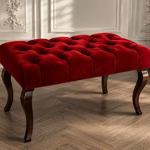 Banco de madera maciza tapizado y capitoné hecho a mano, taburete rosa para recibidor.