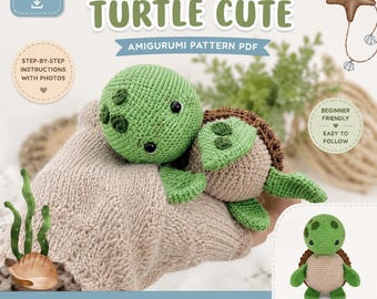 May include: A crochet pattern PDF for a turtle amigurumi. The document features the text TURTLE CUTE, CROCHET PATTERN, and AMIGURUMI PATTERN PDF. It includes a finished size of 6 inches, step-by-step instructions, and photos of a green and tan turtle.