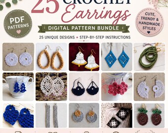 May include: A digital pattern bundle for 25 crochet earrings featuring step-by-step instructions. The image displays various earring designs in colors including white, blue, brown, and black, with text labels for PDF patterns and instructions.