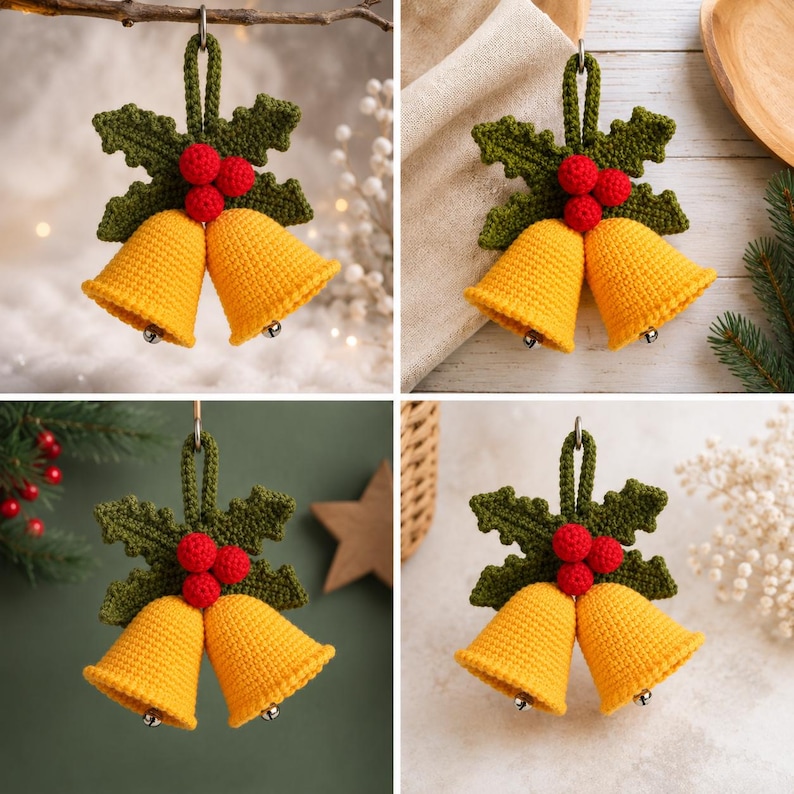 May include: A crochet Christmas ornament featuring two yellow bells hanging from a green holly leaf sprig with three red berries. The ornament includes a green loop for hanging and small silver-toned clappers inside each bell, crafted with yarn.