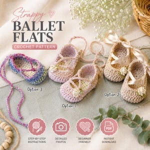 May include: A crochet pattern for strappy ballet flats featuring three design options: a variegated blue and purple pair, a light pink pair, and a beige pair with satin ribbons. Each shoe includes a small crocheted flower detail.
