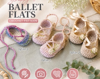May include: A crochet pattern for strappy ballet flats featuring three design options: a variegated blue and purple pair, a light pink pair, and a beige pair with satin ribbons. Each shoe includes a small crocheted flower detail.
