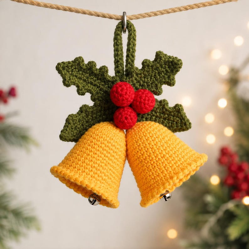 May include: A crochet Christmas ornament featuring two yellow bells suspended from a green holly leaf cluster with three red berries. The ornament hangs from a string and includes small silver-toned metal clappers inside each bell.