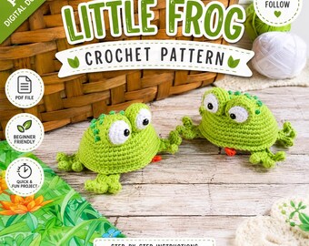May include: A digital PDF crochet pattern for a little frog, featuring text that reads LITTLE FROG CROCHET PATTERN, PDF DIGITAL DOWNLOAD, EASY TO FOLLOW, PDF FILE, BEGINNER FRIENDLY, QUICK & FUN PROJECT, and STEP-BY-STEP INSTRUCTIONS WITH PHOTOS.