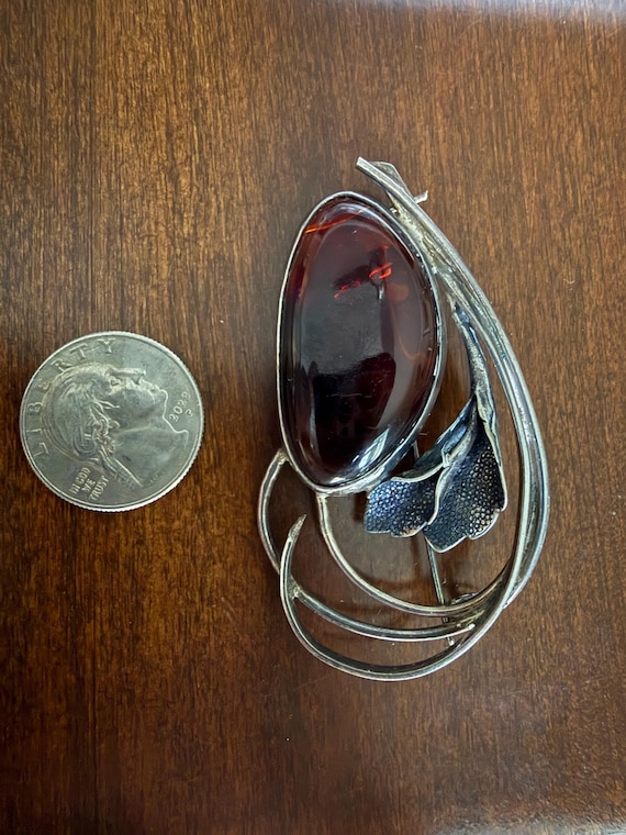 Artisan Sterling Silver Amber Brooch — Modernist Leaf Design