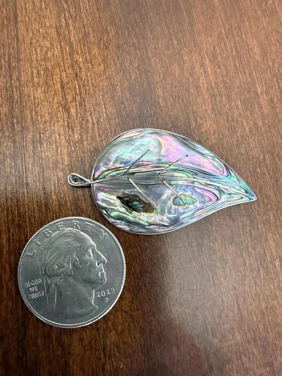 Vintage Sterling Silver Abalone Shell Leaf Pendant/Brooch, Marked
