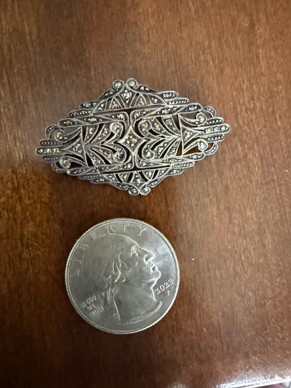 Sterling Silver Marcasite Art Deco Filigree Brooch