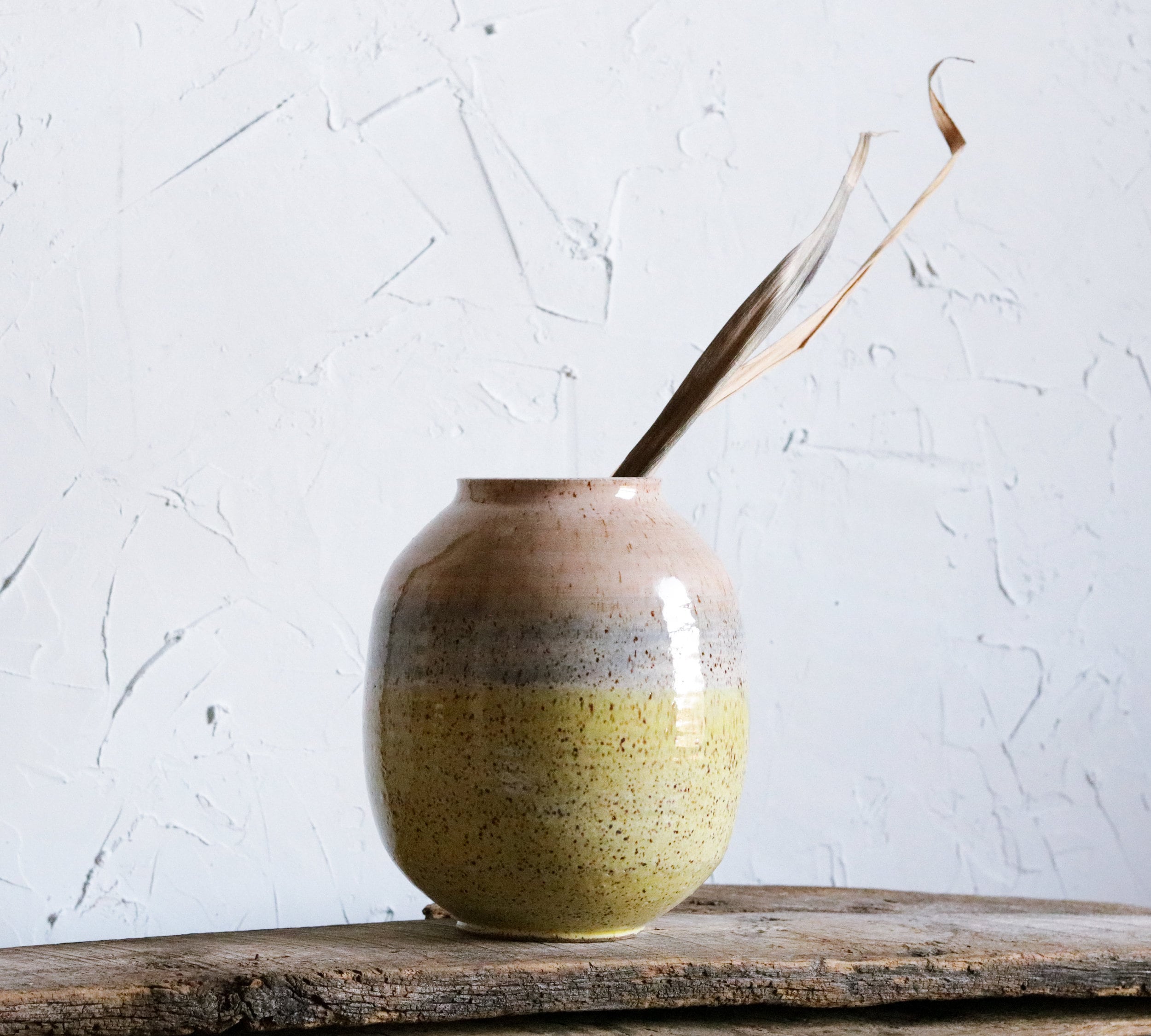 Large Warm Blush & Yellow Vase With Sky Blue Stripe | Wheel Thrown Speckled
