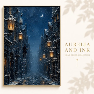 May include: A framed wall art print depicting a snowy, dark blue city street at night with glowing street lamps and a person in a top hat standing on a ladder. The text AURELIA AND INK HOME DÉCOR COLLECTION is printed on the right side of the image.