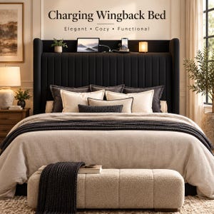 May include: A black wingback bed with a vertical channel-tufted headboard featuring a built-in shelf with charging ports, holding a tablet, phone, and lamp. The bed is dressed in beige linens, dark gray pillows, and a textured throw, with a cream bench.