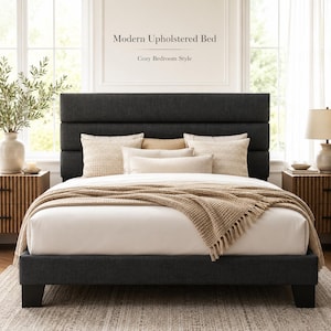 May include: A dark charcoal upholstered bed with a horizontal channel-tufted headboard. The bed is dressed with white bedding, a beige waffle-knit throw blanket, and several decorative pillows. Text above the bed reads Modern Upholstered Bed.