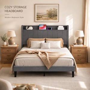 May include: A dark gray upholstered headboard with a built-in storage shelf, featuring vertical channel tufting. The bed is dressed in white and tan bedding, including a textured throw blanket. Text reads: COZY STORAGE HEADBOARD Modern Bedroom Style.