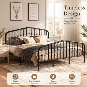 May include: A black metal bed frame with a high arched headboard and footboard featuring vertical spindles. The bed is dressed with a beige duvet, a gray throw blanket, and several pillows. Text on the image reads Timeless Design.