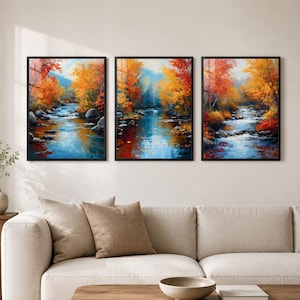 Herbstliches Fluss-Triptychon, dreiteiliges expressionistisches Landschaftsbild zum Ausdrucken, Herbstdeko fürs Wohnzimmer, sofortiger digitaler Download