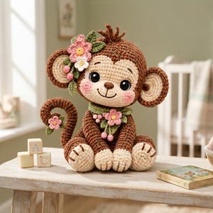 May include: A brown and cream crocheted monkey toy featuring large ears, a curled tail, and pink blush on its cheeks. The monkey is adorned with pink and white crocheted flowers on its head and around its neck, with a small flower on its tail.